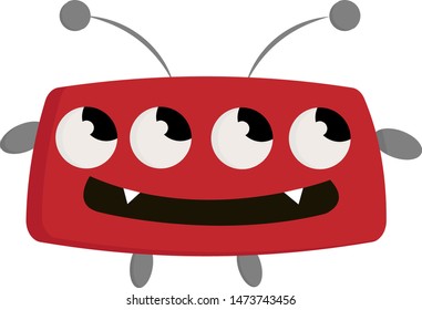 A happy 4 eyed red monster with two sharp teeth, vector, color drawing or illustration.