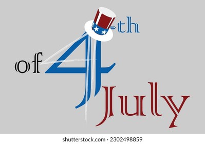 Happy 4 of July greeting card with big letters and number and one small hat