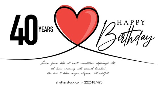 Happy 40 birthday card vector template with lovely heart shape.
