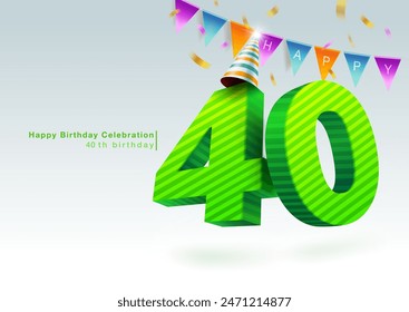 Happy 40 year birthday with party hat, bunting and ribbon. Anniversary celebration concept with 40th birthday numbers. 3D style. Vector file illustration.