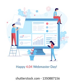 Happy 404 Webmasters Day. Teamwork project. Event card. Flat vector illustration.