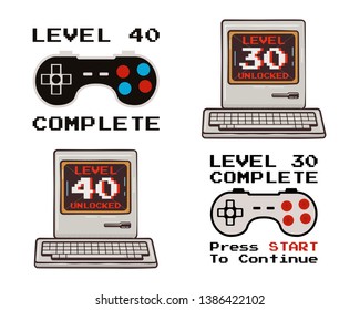 Feliz 40 y 30 años de diseño gráfico para Pantalones en T, afiches, impresiones. Controlador de videojuegos retro y presupuesto - nivel 40 desbloqueado. Graciosa ilustración para la decoración de cumpleaños. Vector de material.