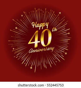 Happy 40th Anniversary. with fireworks and star on red background.Greeting card, banner, poster