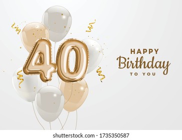 Happy 40th birthday gold foil balloon greeting background. 40 years anniversary logo template- 40th celebrating with confetti. Vector stock.