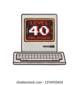 Happy 40th birthday graphic tee design for T-Shirts, posters, prints. Retro video gamers controller and quote - level 40 unlocked. Funny illustration for birthday decorations. Stock vector isolate