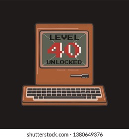 Happy 40th birthday graphic tee design for T-Shirts, posters, prints. Retro video gamers controller and quote - level 40 unlocked. Funny illustration for birthday decorations. Stock vector emblem.