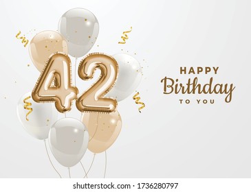 Happy 42th birthday gold foil balloon greeting background. 42 years anniversary logo template- 42th celebrating with confetti. Vector stock.