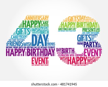 Happy 43rd birthday word cloud collage concept