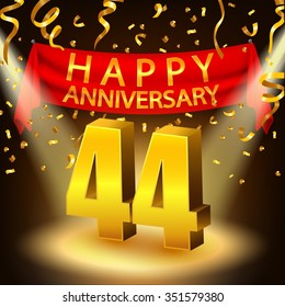 Happy 44th Anniversary celebration with golden confetti and spotlight