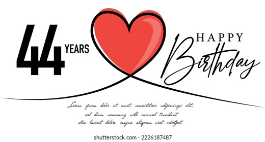 Happy 44th birthday card vector template with lovely heart shape.
