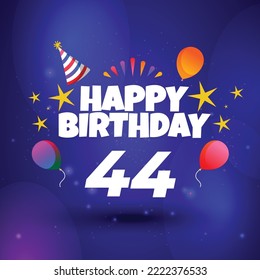 Happy 44th birthday hand drawn vector lettering design on background of pattern with stripes. Perfect for greeting card.