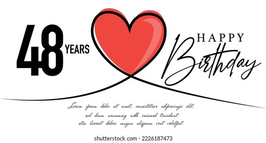 Happy 48th birthday card vector template with lovely heart shape.
