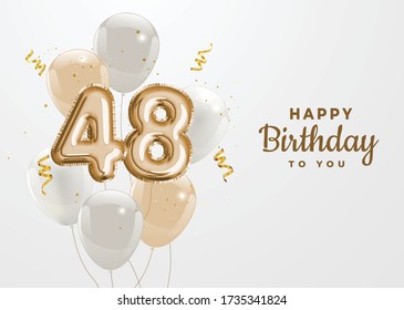 Happy 48th birthday gold foil balloon greeting background. 48 years anniversary logo template- 48th celebrating with confetti. Vector stock.