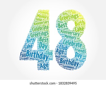 Happy 48th birthday word cloud, holiday concept background