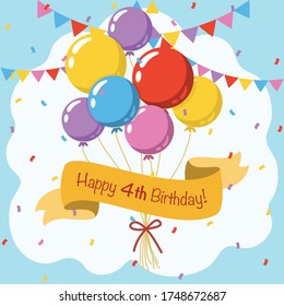 Happy 4th birthday, colorful vector illustration greeting card with balloons, ribbon, confetti and garlands decoration