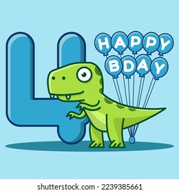 Happy 4th Birthday. Cute invitation card with dinosaur and balloons.