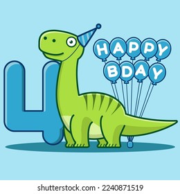 Happy 4th Birthday. Cute invitation card with brontosaurus, balloons and numbering. Flat vector illustration.