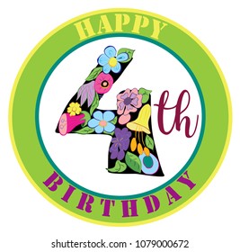 Happy 4th Birthday, floral spring cute illustration. Colorful, stylish, cheerful, girly. 