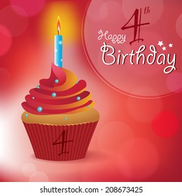 Happy 4th Birthday greeting/ invitation/ message - Bokeh Vector Background with a candle on a cupcake