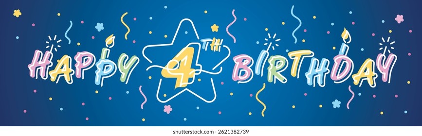 Happy 4th Birthday handwritten multi color bold typography lettering with white neon outline. Colorful greeting card vector illustration with confetti, ribbons, sparkle firework, candle on blue