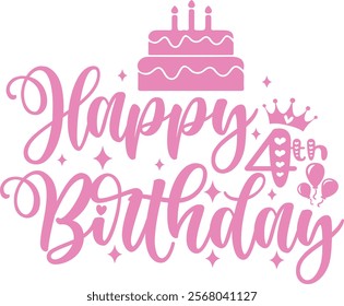 Happy 4th Birthday typography design on plain white transparent isolated background for card, shirt, hoodie, sweatshirt, apparel, tag, mug, icon, poster or badge