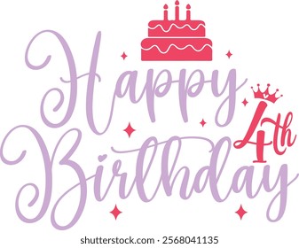 Happy 4th Birthday typography design on plain white transparent isolated background for card, shirt, hoodie, sweatshirt, apparel, tag, mug, icon, poster or badge