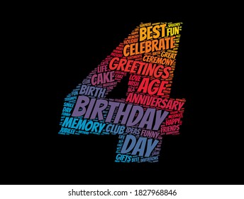 Happy 4th birthday word cloud, holiday concept background
