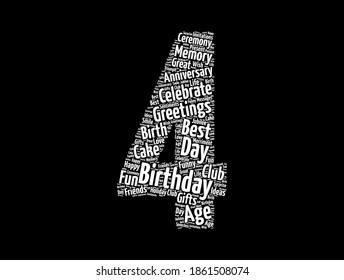 Feliz cuarto cumpleaños palabra nube, fondo de concepto de vacaciones