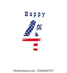 Happy 4th creative logo design. Brushing style number 4 icon. T-shirt graphic concept. US flag with vector mask. Gift emblem. Greeting card element. Happy Independence day USA decoration idea.