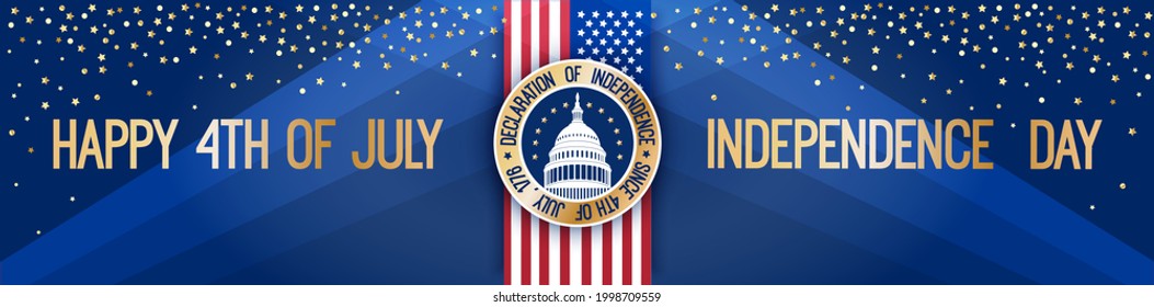 Happy 4th of July, 1776 USA Independence Day greeting banner with american national flag, round sign with Capitol building at Washington DC, sparkle stars at navy blue background. Vector illustration.