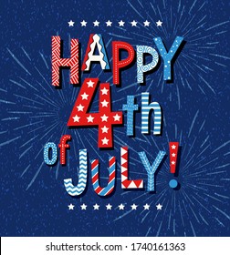 Happy 4th of July 2020 in Red white and blue doodle letters and fireworks on navy blue background. For greeting cards, banners and posters. Vector Illustration.