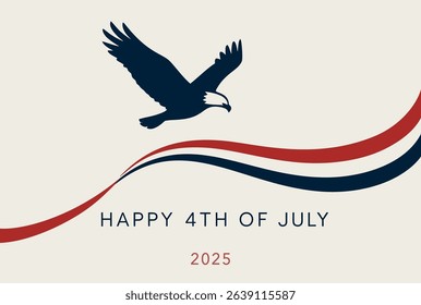HAPPY 4TH OF JULY 2025 - Patriotic Design with Flying Eagle and Waving Red and Blue Stripes for Independence Day.