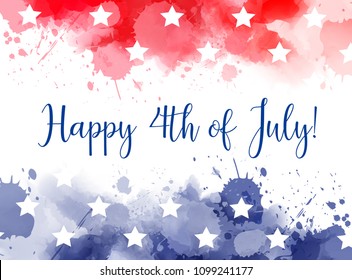 Happy 4th of July! Abstract background with watercolor splashes in flag colors for USA Independence day holiday. Blue and red colored with stars. Template for holiday background, invitation, flyer