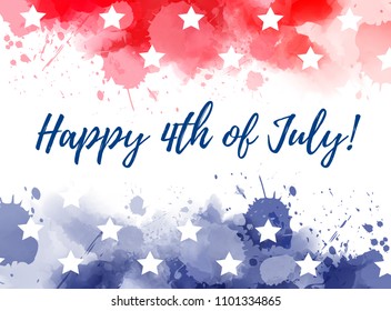 Happy 4th of July! Abstract background with watercolor splashes in flag colors for USA Independence day holiday. Blue and red colored with stars. Template for holiday background, invitation, flyer