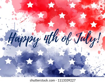 Happy 4th of July! Abstract background with watercolor splashes in flag colors for USA Independence day holiday. Blue and red colored with stars. Template for holiday background, invitation, flyer