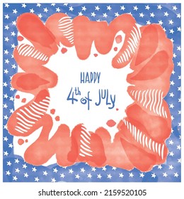 Happy 4th July! Abstract background with watercolor splashes in the colors of the flag for the USA Independence Day celebration. Blue and red with stars. Template for holiday background, invitation, f
