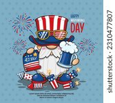 Happy 4th of July America Independence With Gnome Celebrating, Cute Cartoon Illustration