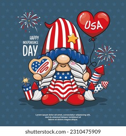 Happy 4th of July America Independence With Cute Gnome, I Love USA, Cartoon Illustration