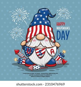 Feliz 4 de julio, Independencia de Estados Unidos con un bonito gnomo, ilustración de caricatura