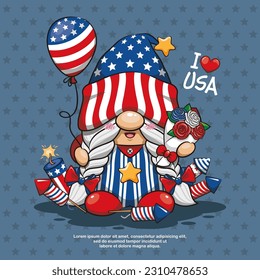 Happy 4th of July America Independence With Gnome, I Love USA, Cute Cartoon Illustration