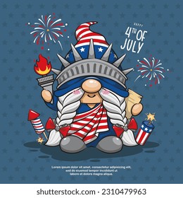 Happy 4th of July America Independence With Gnome Liberty, Cute Cartoon Illustration