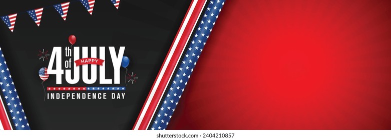 Happy 4th of July America independence day banner with black, and red background with, stripe and star ribbon. Vector illustration.
