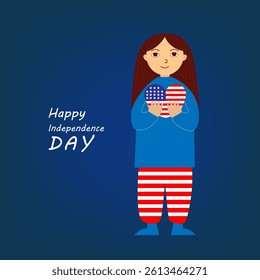 Happy 4th of July America Independence. Girl holding a heart. For poster, card, banner, discount, special offer, cover, menu, advertising. Vector illustration EPS10 
