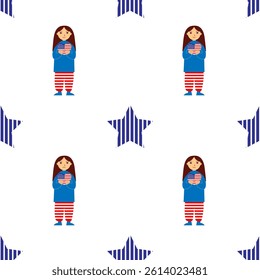 Happy 4th of July America Independence. Seamless Pattern with Girl. For poster, card, banner, discount, special offer, cover, menu, advertising. Vector illustration EPS10 
