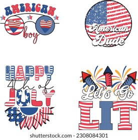 Happy 4th of July American Independence Day Colorful Graphics Bundle on White Background. Funny Fourth of July US National Patriotic Celebration Typographic Quotes for Print on Demand Business. 