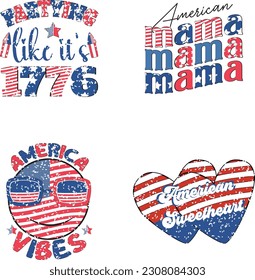 Happy 4th of July American Independence Day Colorful Graphics Bundle on White Background. Funny Fourth of July US National Patriotic Celebration Typographic Quotes for Print on Demand Business. 