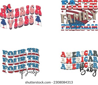 Happy 4th of July American Independence Day Colorful Graphics Bundle on White Background. Funny Fourth of July US National Patriotic Celebration Typographic Quotes for Print on Demand Business. 