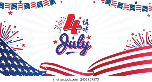 Happy 4th of July American independence day background with waving USA flag and fireworks. Vector illustration.
