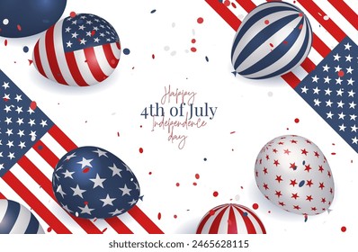 Happy 4th of july American independence day celebration banner with 3d balloons in USA flag colors and confetti. Realistic vector illustration