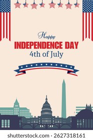 Happy 4th of July Background Design. United States of America Independence Day Celebration. Banner, poster, greeting card. Washington Cityscape Vector illustration.